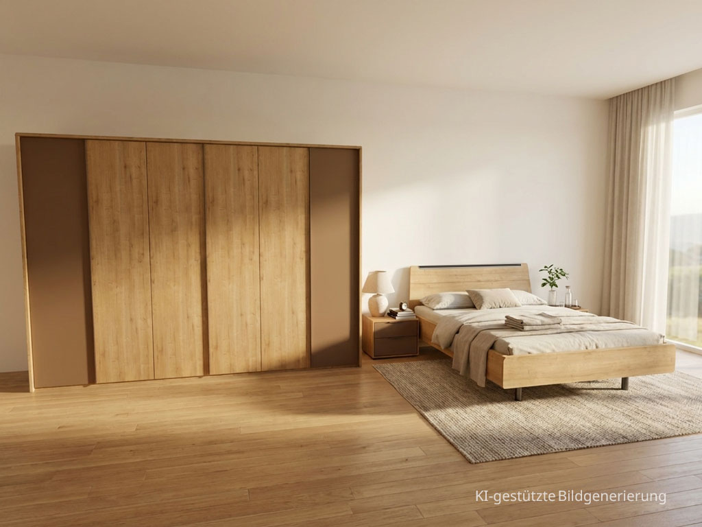Modernes braunes Schlafzimmer mit einem sechstürigen Kleiderschrank, Doppelbett und zwei Konsolen stilvoll dekoriert in einem modernen Zimmer generiert, Bild KI-generiert