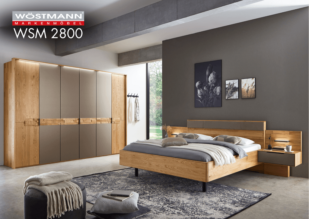 Schlafzimmermöbel aus Massivholz, mit Beleuchtung und beige-grauen Akzenten