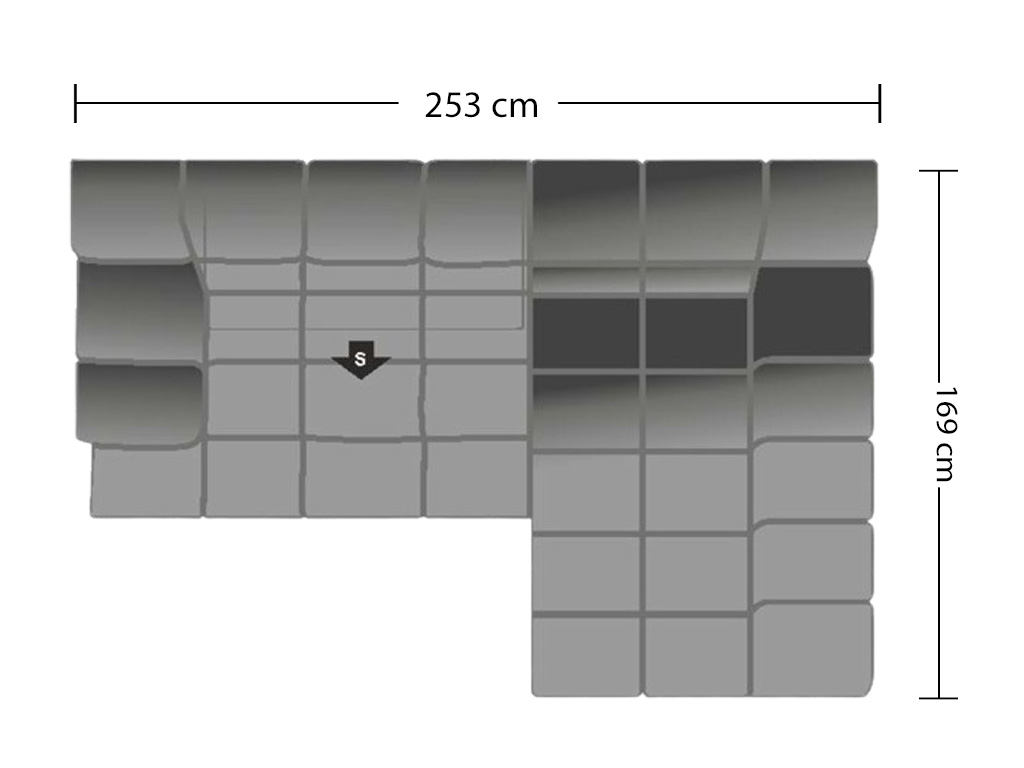 Grafische Darstellung eines modularen Sofas in L-Form mit den Abmessungen 253 cm Breite und 169 cm Tiefe, illustriert in Grautönen.