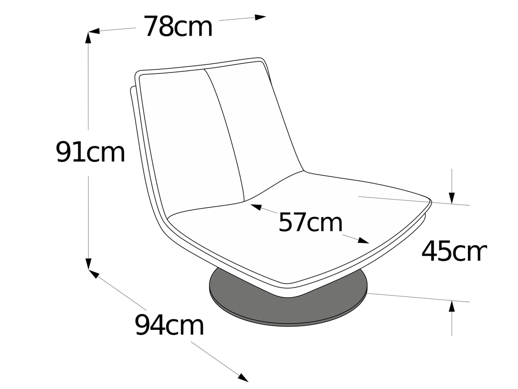 Technische Zeichnung eines modernen Loungesessels mit den Maßen 94 cm Tiefe, 91 cm Höhe, 78 cm Breite, 57 cm Sitzfläche und 45 cm Sitzhöhe.