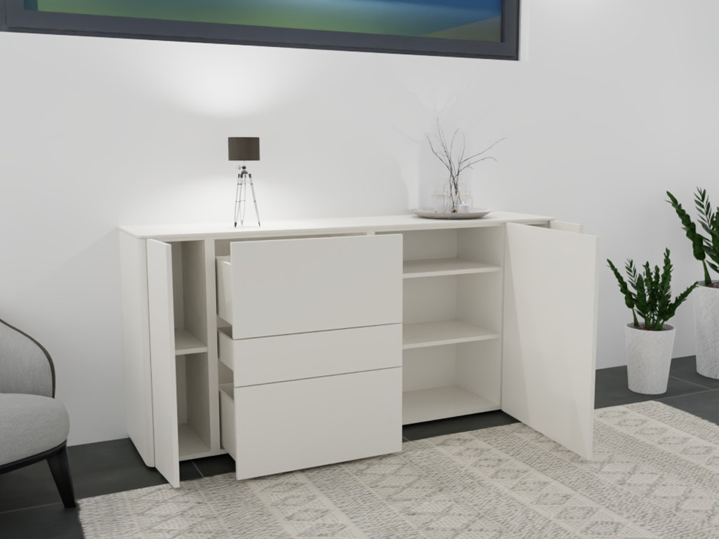 Minimalistisches Sideboard in Weiß mit geöffneten Fächern, dekoriert mit Lampe und Pflanzen in modernem Innenraum