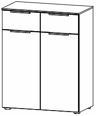 Illustration einer Kommode mit zwei Schubladen und zwei Türen vor weißem Hintergrund