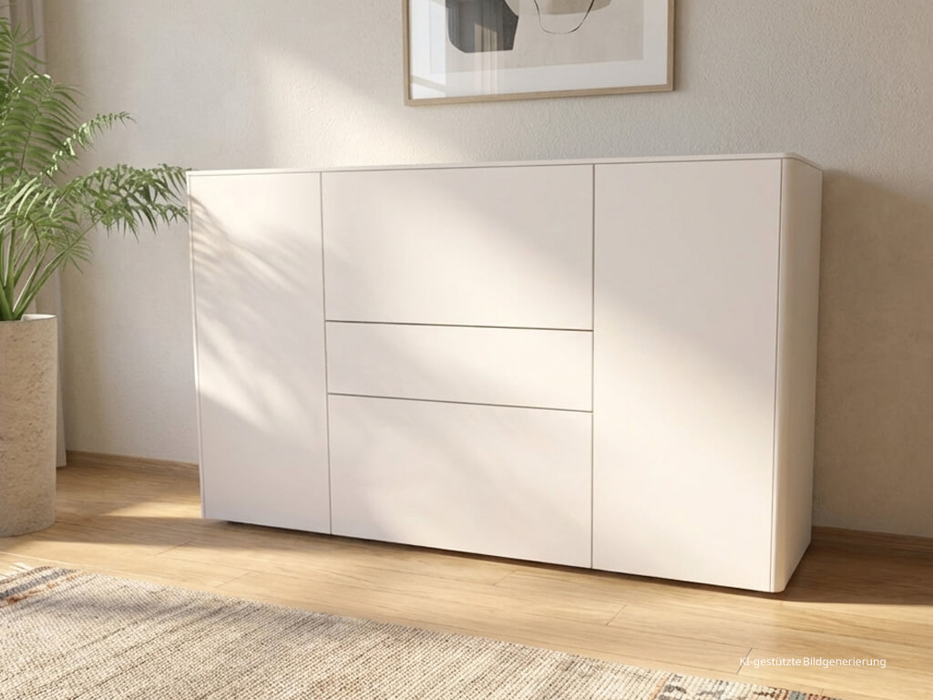 Weißes Sideboard mit drei Schubladen und zwei Türen in einem dekorierten Raum