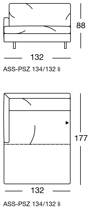 Maßzeichnung eines Sofaelement vor weißem Hintergrund freistil Rolf Benz 134