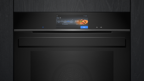 Detailansicht des farbigen TFT-Touchdisplays mit der Einstellung „Browning“ (Bräunungsgrad) für Pizza. Die Benutzeroberfläche wirkt minimalistisch mit blauen Akzenten.