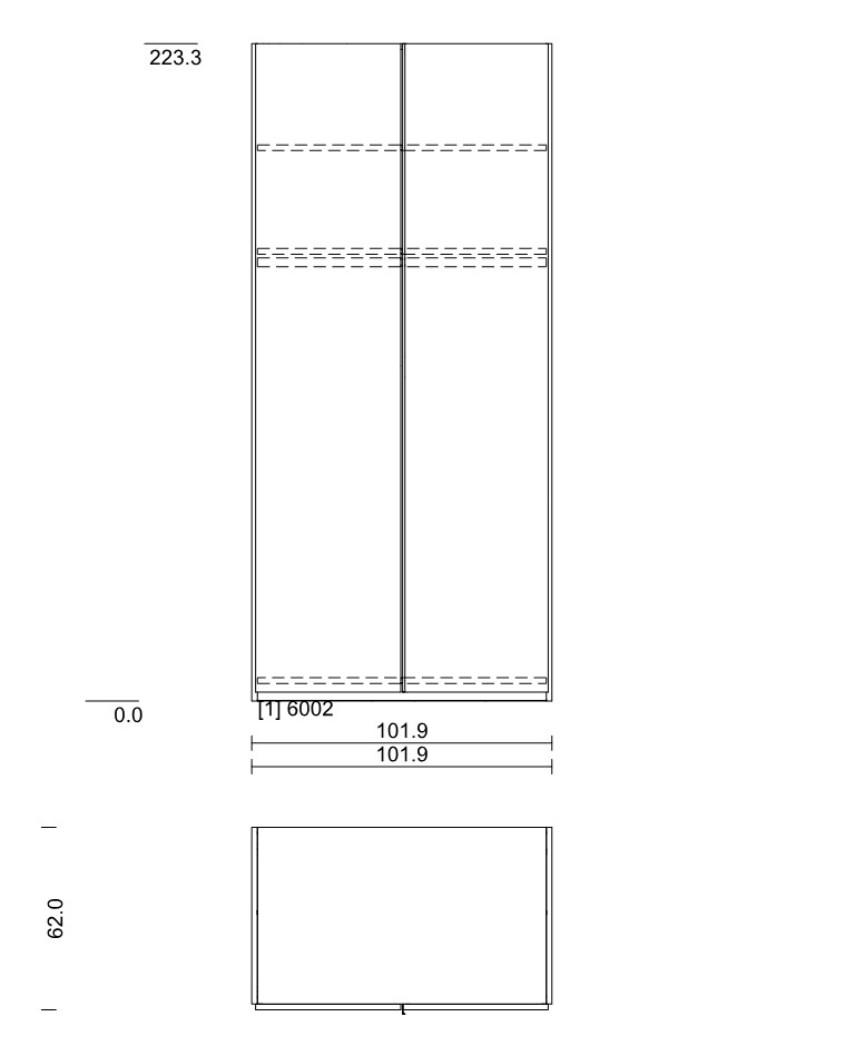 Maßzeichnung eines zweitürigen Schrankes vor weißem Hintergrund