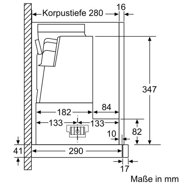 Technische Zeichnung, die die Abmessungen eines Einbaugeräts in Millimetern zeigt, inklusive Korpustiefe und weitere Maßdetails
