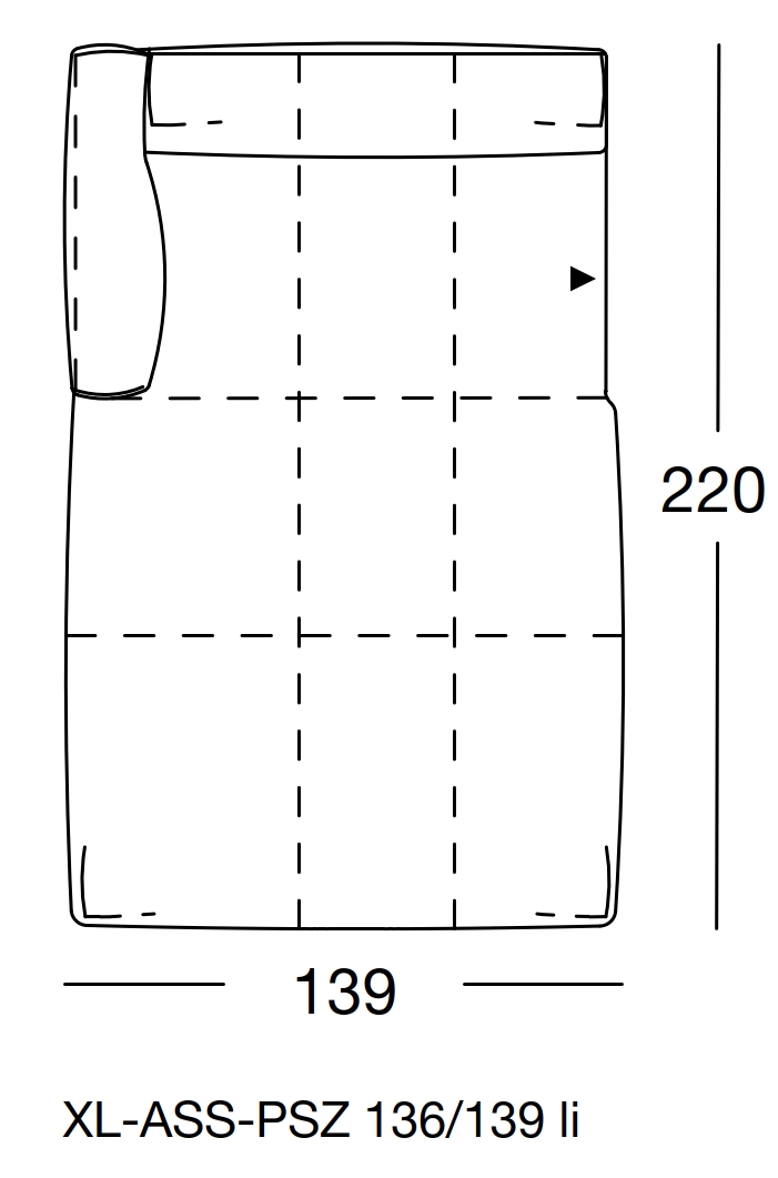 freistil Rolf Benz 136 - XL-Abschlusssessel mit Polstersitz links | B: 139 cm | XL-ASS-PSZ 136/139li Maßzeichnung eines Sofaelements vor weißem Hintergrund freistil Rolf Benz 136