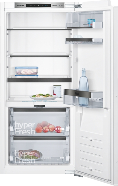 Siemens studioLine - Einbau-Kühlschrank iQ700 (122.5x56 cm) INKL. 5 JAHRE GARANTIE | KI41FSDD0 Offener Siemens Kühlschrank mit hyperFresh-Schubfächern, Glasablagen und einer an der Tür stehenden Wasserflasche