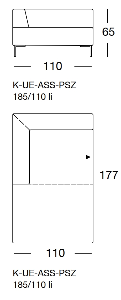 Maßzeichnung eines Sofaelements vor weißem Hintergrund freistil Rolf Benz 185