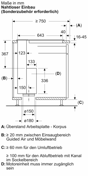 Technische Zeichnung mit Maßangaben für den nahtlosen Einbau eines Küchengeräts, inklusive Anforderungen für Luftzirkulation und Zugänglichkeit der Motoreinheit.