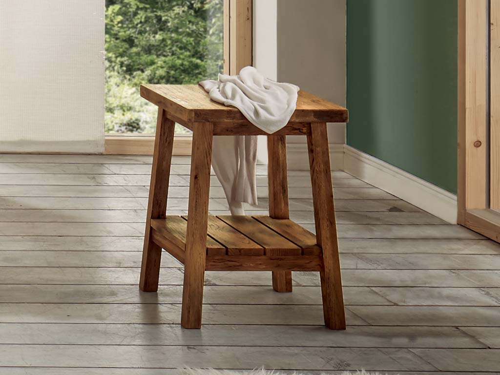 Hasena - Ludo Hocker (Nachttisch) | B: 40 cm | Wildeiche konfigurierbar brauner Holzhocker auf vier beinen mit Ablage unten und Griffauffräsung oben auf der Platte stilvoll dekoriert in einem freundlichen zimmer ludo von hasena