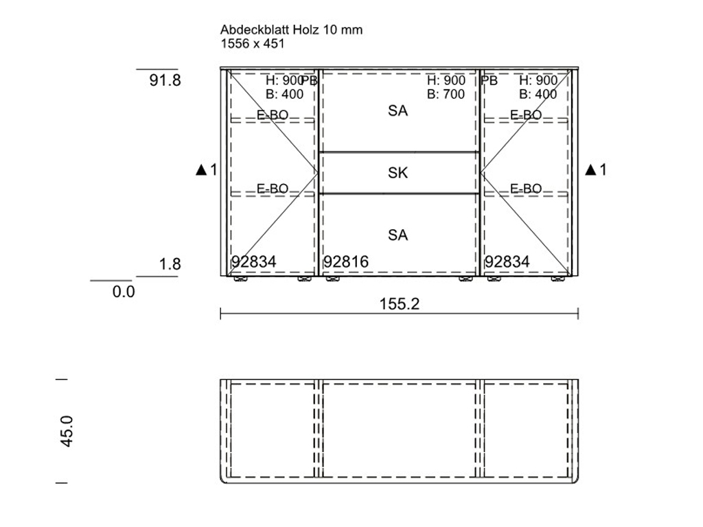 Technische Zeichnung eines Holzschranks mit detaillierten Maßen und Beschriftungen, einschließlich Höhe und Breite.