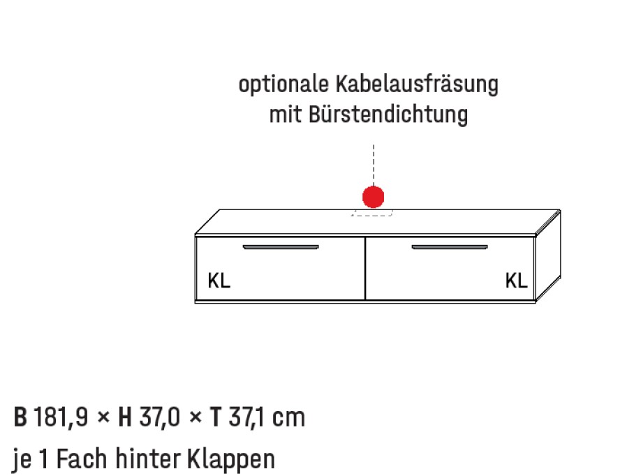 Illustration eines Lowboards mit Maßangabe und Bezeichnung vor weißem Hintergrund