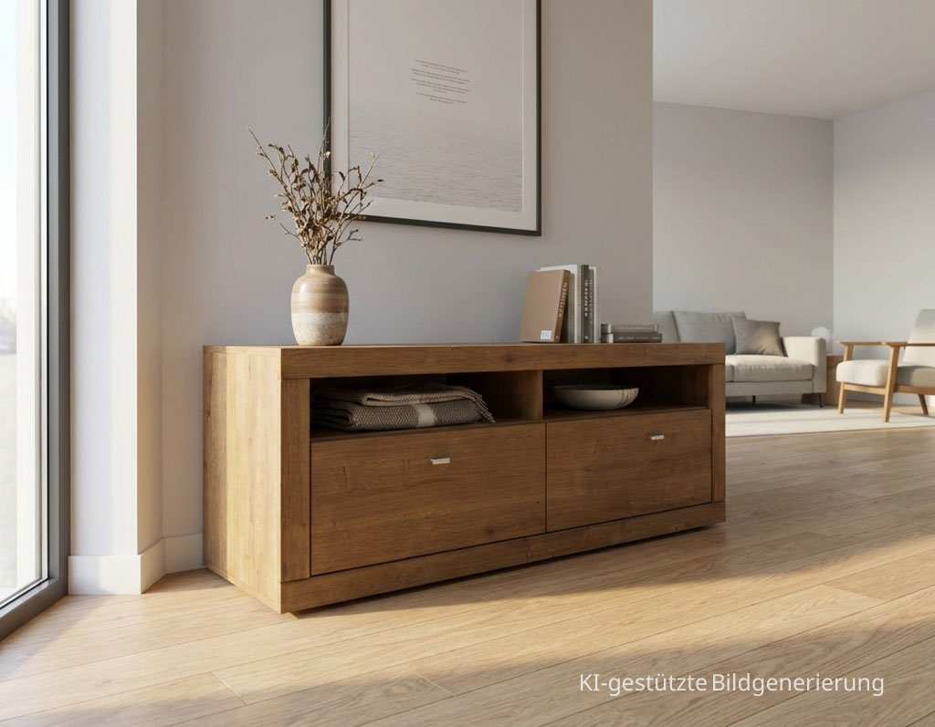 modernes braunes Lowboard stilvoll dekoriert in einem hellen Raum, Bild KI generiert