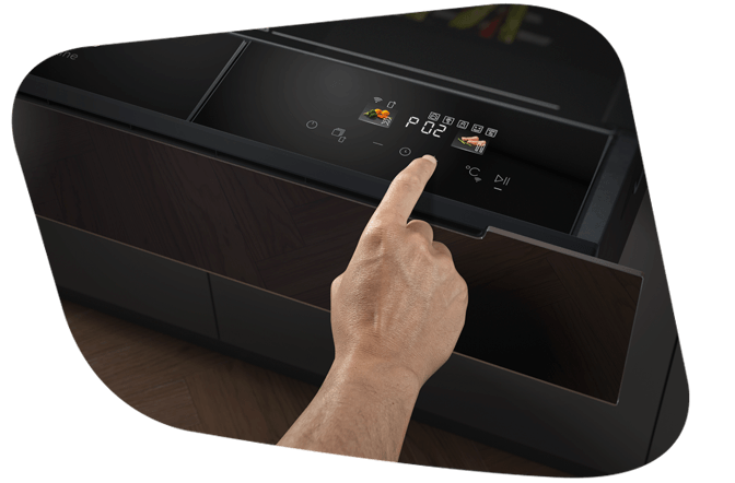 Detailansicht der intuitiven Touch-Bedienoberfläche der Dampfschublade mit digitalen Symbolen für verschiedene Automatikprogramme.