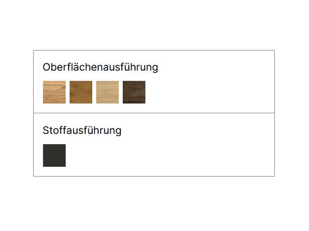 Eine Übersicht über die verfügbaren Farbausführungen des Hasena Mareto Bettes. Es werden vier Holztöne für die Oberfläche (Oberflächenausführung) und eine dunkle, einfarbige Stoffausführung (Stoffausführung) für das Kopfteil gezeigt.