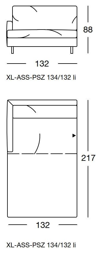 Maßzeichnung eines Sofaelement vor weißem Hintergrund freistil Rolf Benz 134
