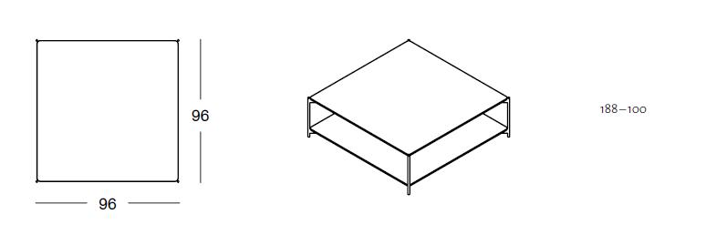 Zeichnung eines modernen quadratischen Couchtischs mit den Maßen 96x96 cm und zusätzlicher Ablagefläche