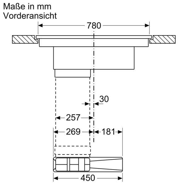 Vorderansicht einer technischen Zeichnung, die Maße in Millimetern zeigt: Breite 780 mm, Tiefe 450 mm, verschiedene Zwischenabstände von 257 mm, 269 mm und 181 mm.