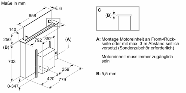 Technische Zeichnung der Montageanleitung einer Motoreinheit mit Abmessungen in Millimetern, einschließlich Einzelheiten wie Abstand und Montageanweisungen.