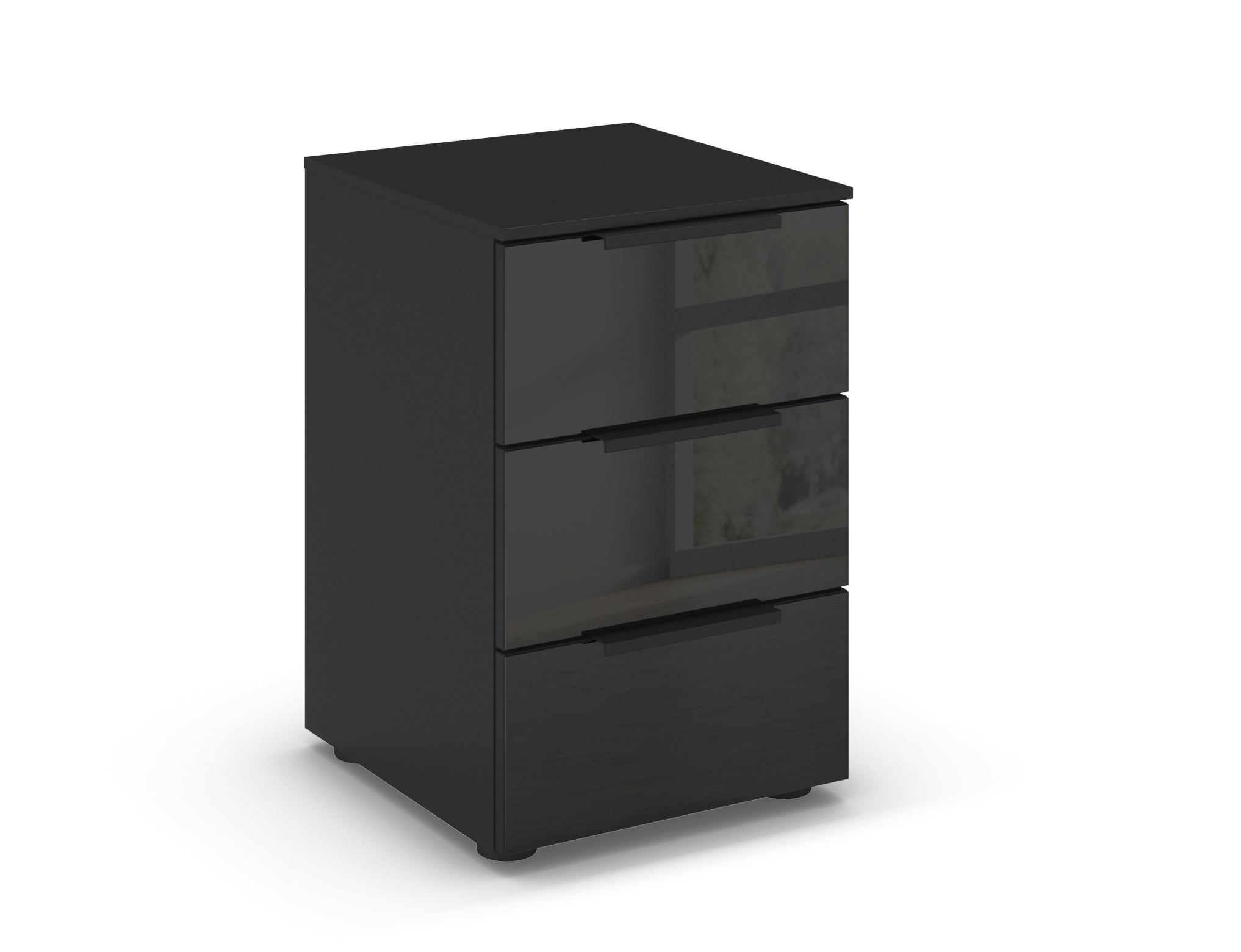schwarzer Nachttisch mit drei Schubladen vor weißem Hintergrund