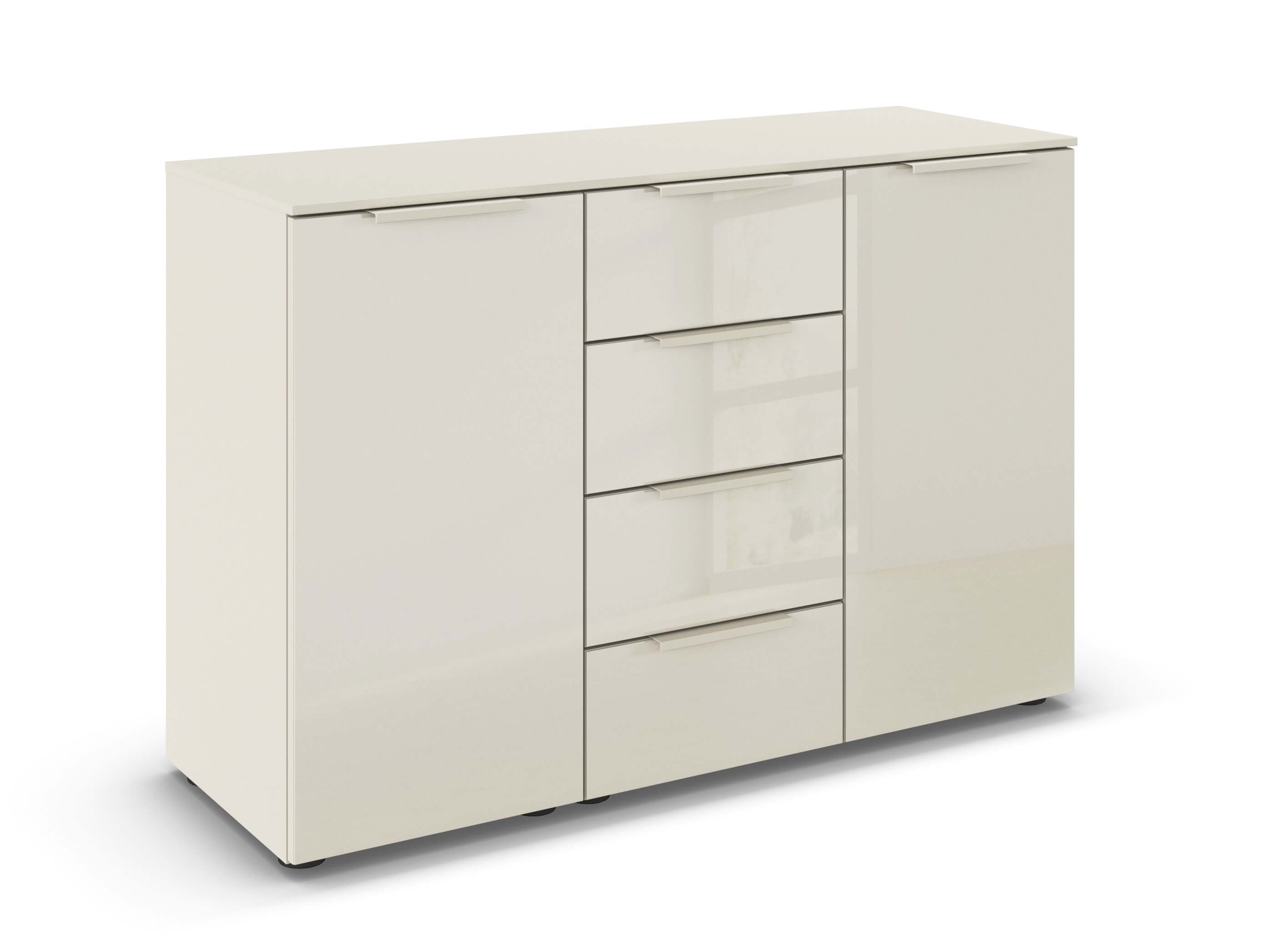 beige Kommode mit vier Schubladen und zwei Drehtüren vor weiße Hintergrund