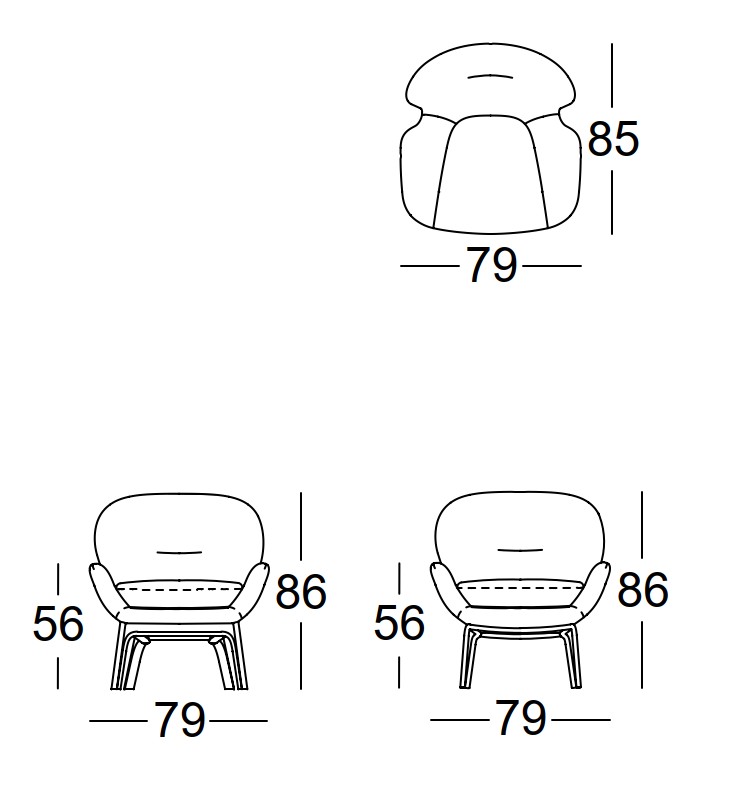 Maßzeichnung eines Designersessel vor weißem Hintergrund