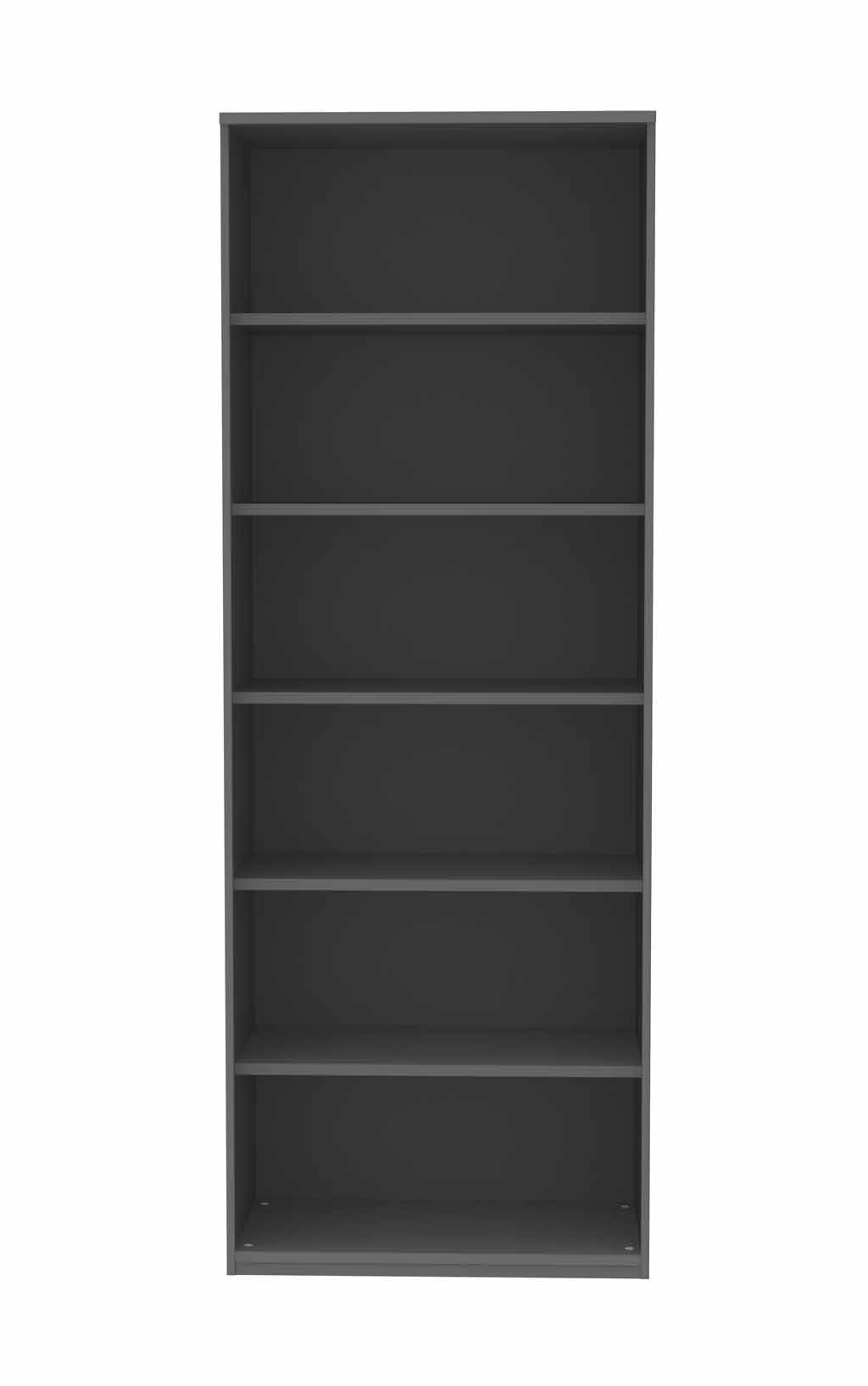 Hohes graues Bücherregal mit sechs Regalebenen auf weißem Hintergrund