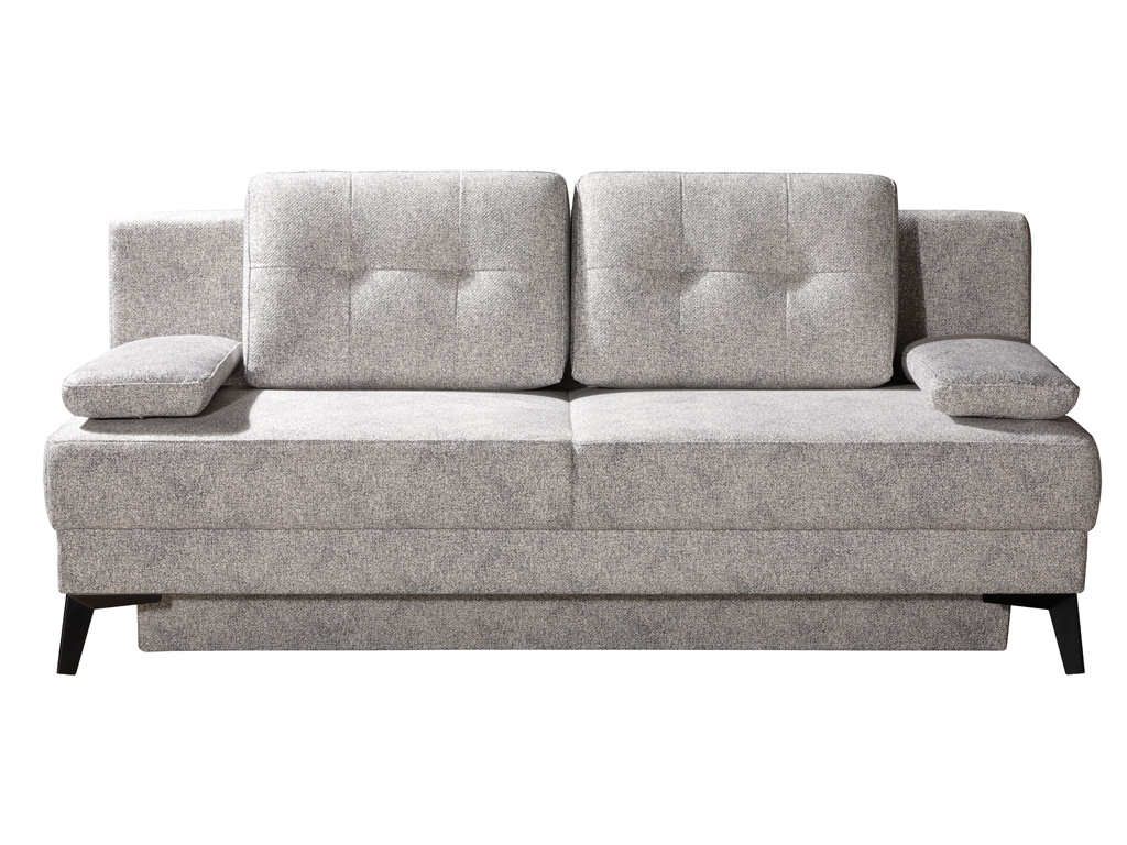 Graues Schlafsofa mit eleganten Linien, zwei großen Rückenkissen und schwarzen Beinen. Ideal für stilvolle Wohnzimmer.