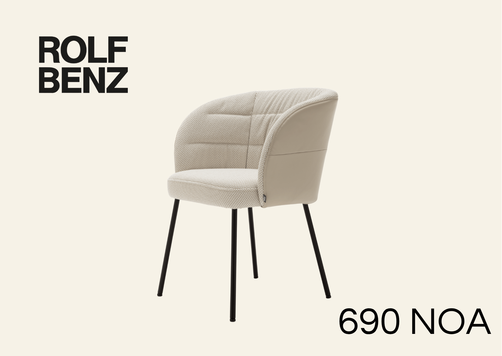 weißer Polsterstuhl mit Ziernaht. Aufschrift Bild: Rolf Benz 690 Noa.