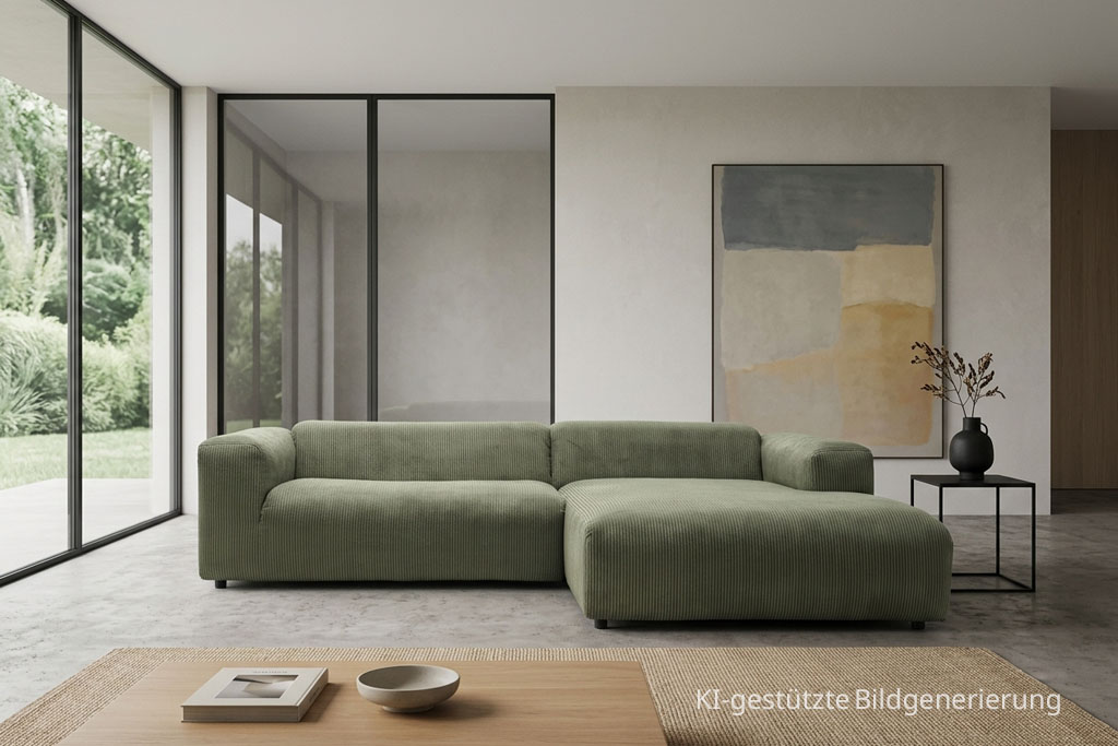 modernes grünes Designersofa in Cord stilvoll dekoriert  in einem modernen Raum