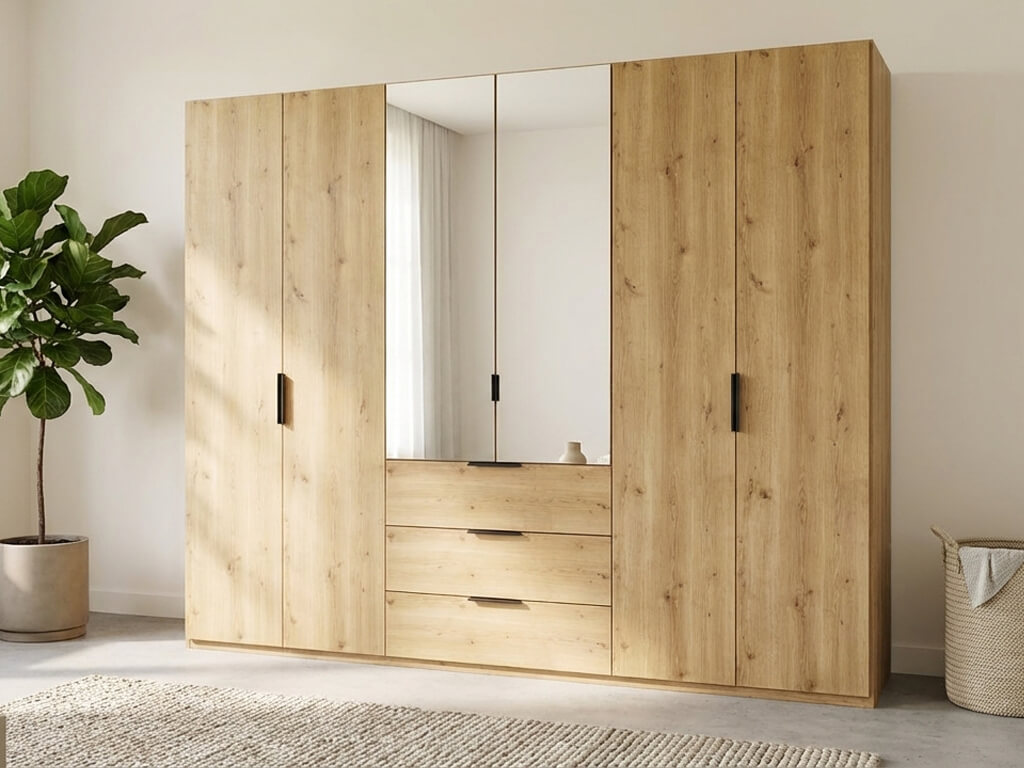 rauch BLACK - Scaletta Drehtürenschrank mit Spiegel, 6-türig, 3 Schubkästen | B: 300, H: 223 cm | versch. Dekore, Massivholz oder Glas konfigurierbar