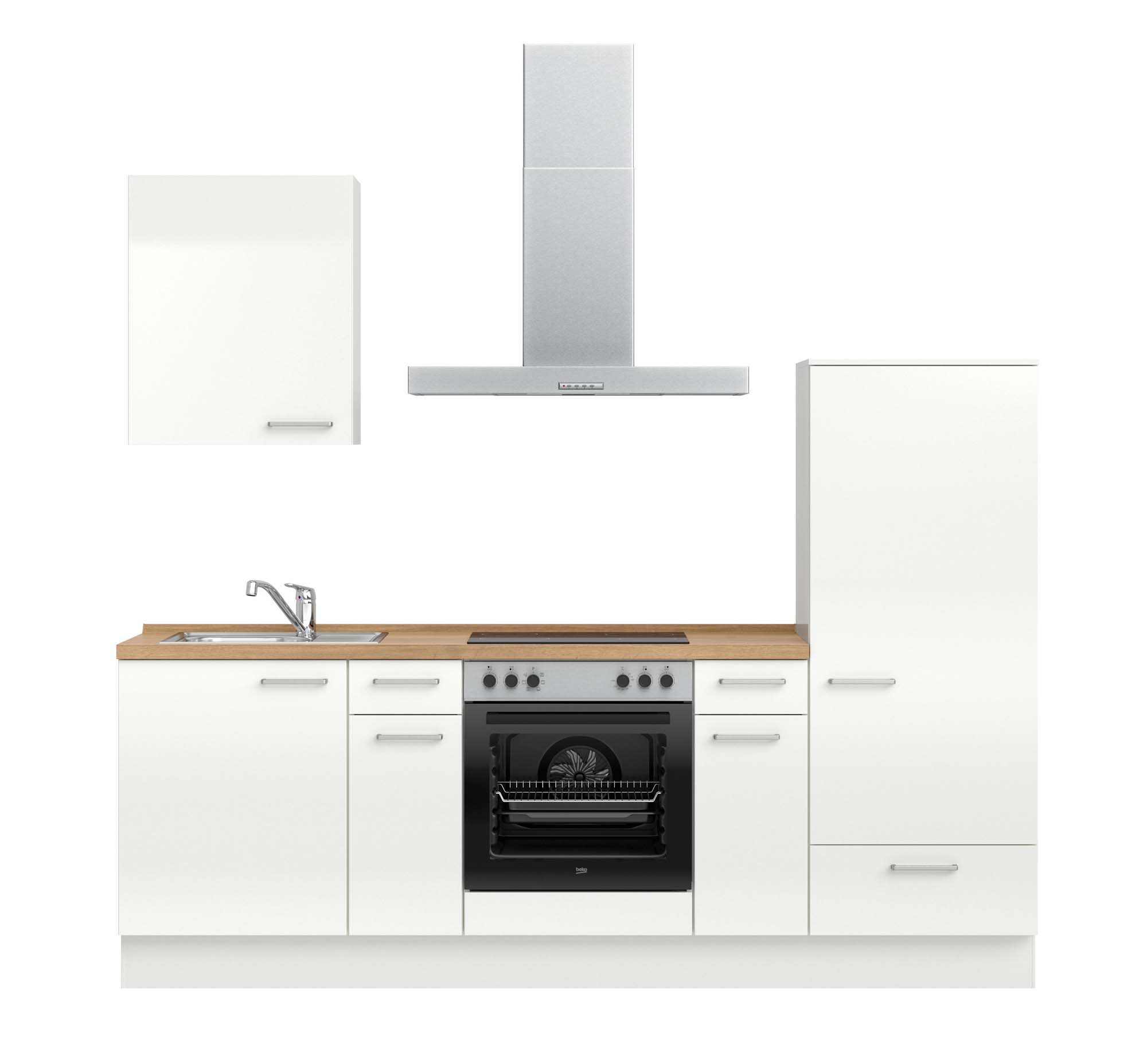 küchenzeile weiß, braun mit Backofen, Herd, Dunstabzugshaube, Waschbecken, Armatur nobilia flash 