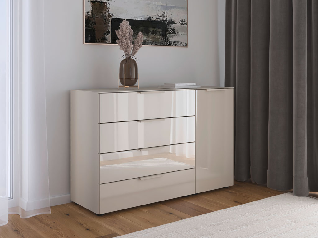 beige Kommode Front mit vier Schubladen und einer Drehtür stilvoll dekoriert in einem modernen raum