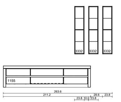 Illustration einer Wohnwand mit einem Lowboard, 3 Hängeregalen mit Maßangaben vor weißem Hintergrund
