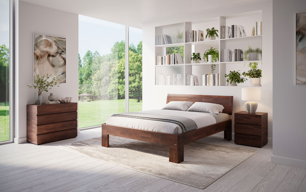 braunes Holzbett mit markanten eckigen Füßen und Kopfteil, braune Kommode und Nachtschrank mit Schubladen, stilvoll dekoriert in einem modernen Zimmer