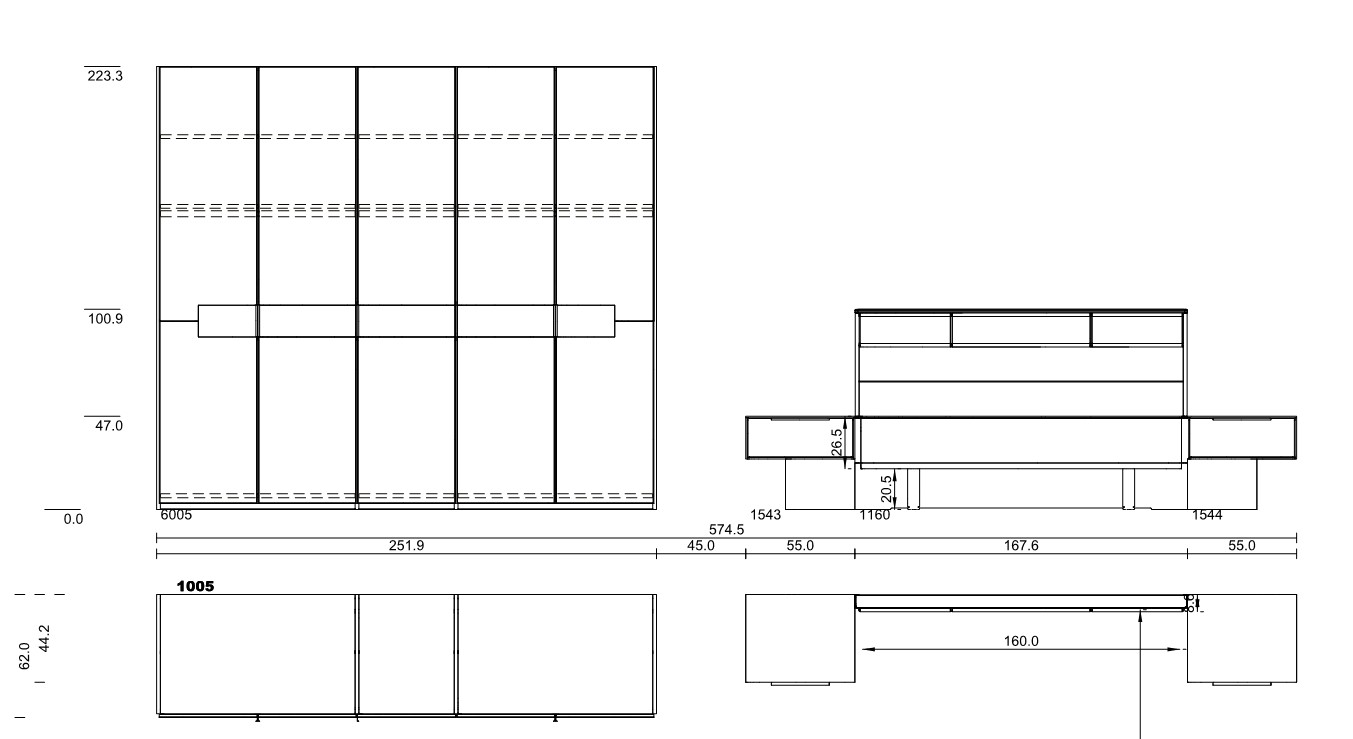 Maßzeichnung eines fünftürigen Schrankes und einem Bett mit Nachtschränken vor weißem Hintergrund