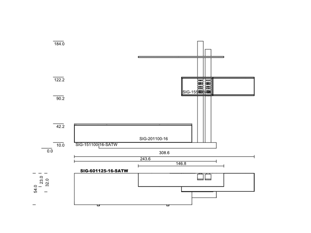 Detaillierte technische Skizze eines komplexen Industriebauteils mit Maßangaben in Millimetern