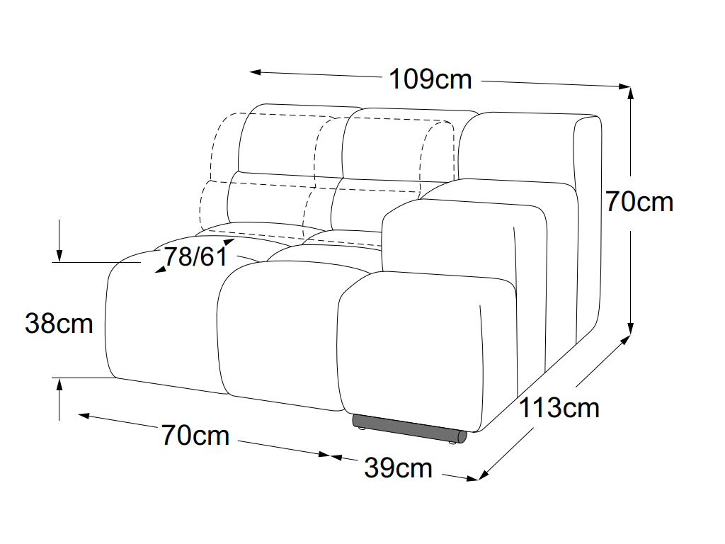 designwerk Temple - Element 70 Armteil rechts | B: 109 cm | mit Rückenverstellung | D021103 Maßzeichnung eines Sofaelements vor weißem Hintergrund designwerk Temple