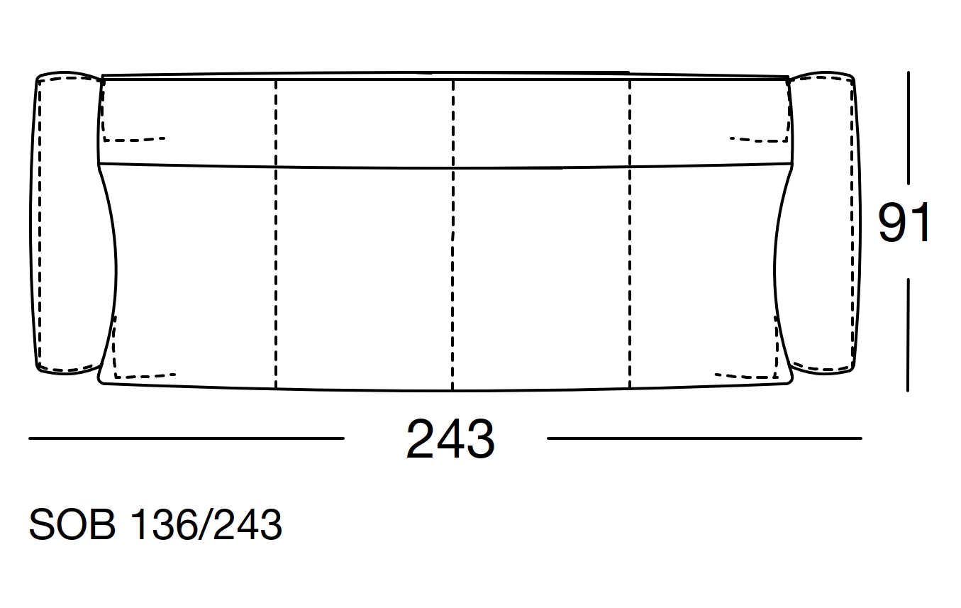 Maßzeichnung eines Sofaelements vor weißem Hintergrund freistil Rolf Benz 136