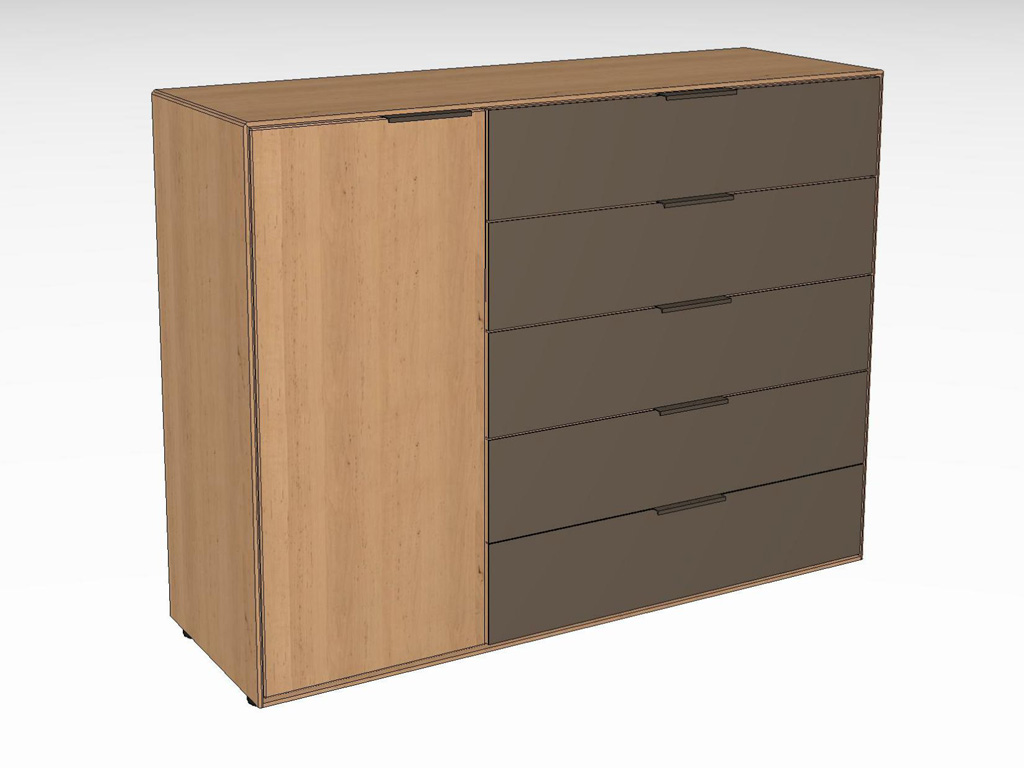 Eine moderne Holzkommode mit fünf großen Schubladen auf der rechten Seite und einer vertikalen Tür auf der linken Seite. Die Kommode hat ein schlichtes Design und ist in einem natürlichen Holzton gehalten.