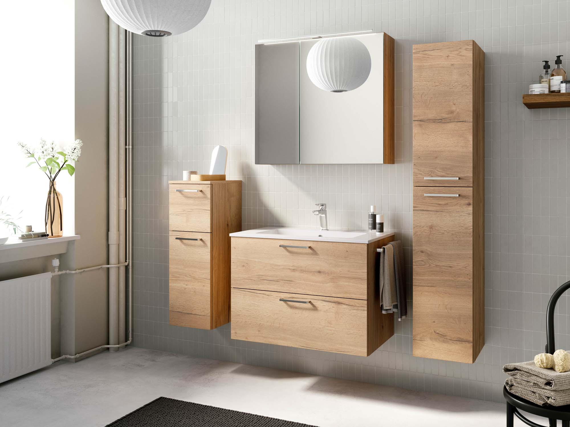 Badezimmermöbel-Set 3 Schränke Eiche Nachbildung mit Waschtisch und Spiegelschrank nobilia 