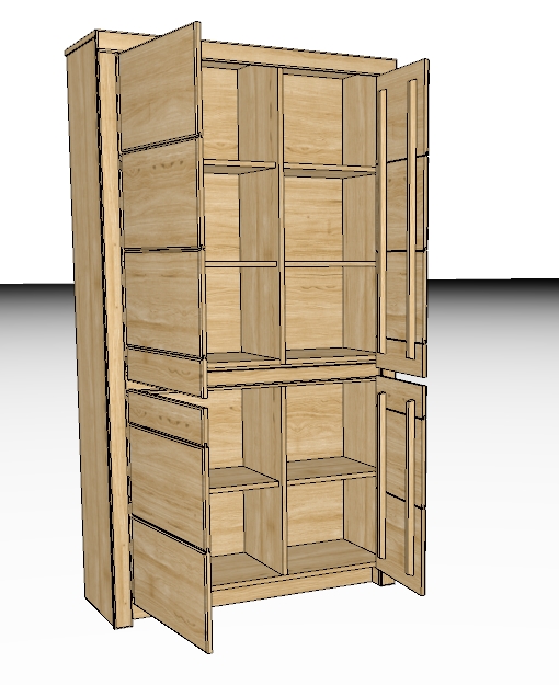 Moderner Holzschrank mit offenen Doppeltüren und mehreren Regalfächern