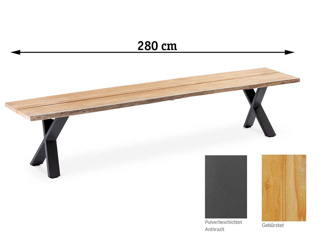 Niehoff Garden. Solid | G767 | Bank | 280 x 45 cm | X-Gestell Aluminium anthrazit/Teak gebürstet