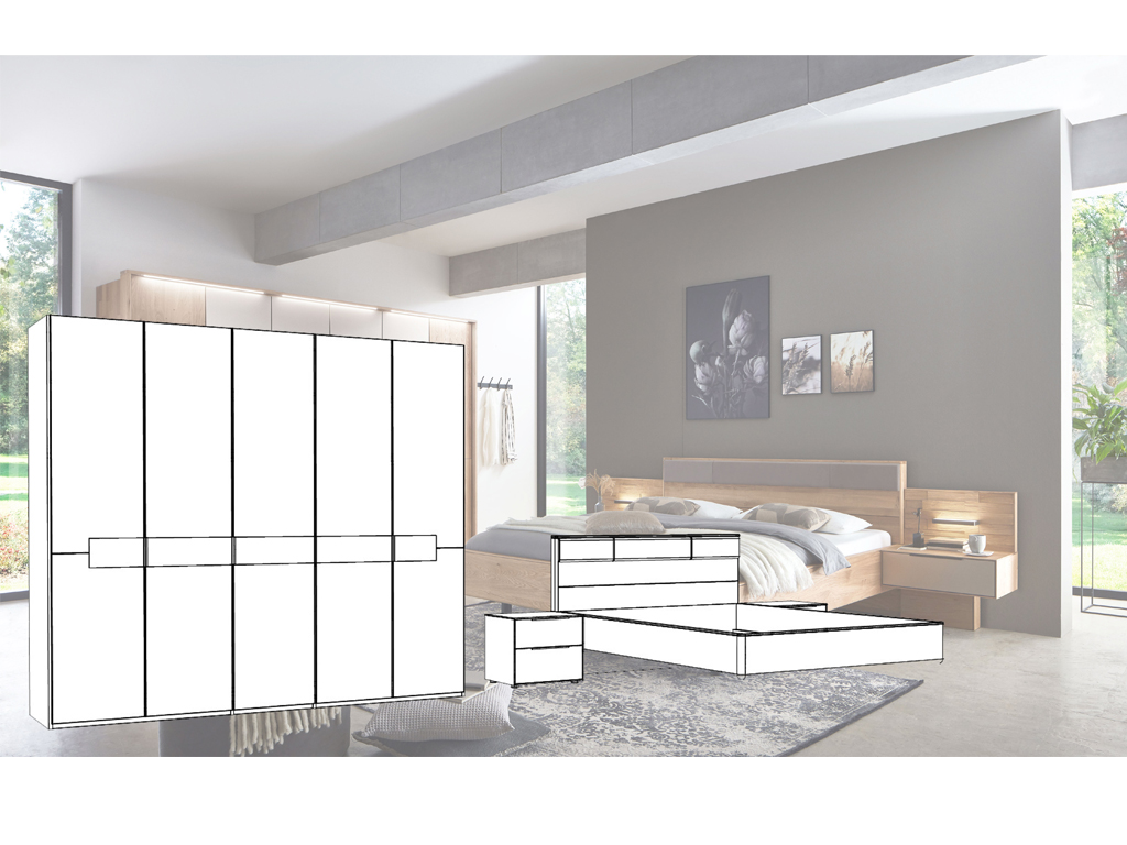 fünftüriger brauner Kleiderschrank und Bett mit Nachtschränken als Illustration vor einem modernen Raum