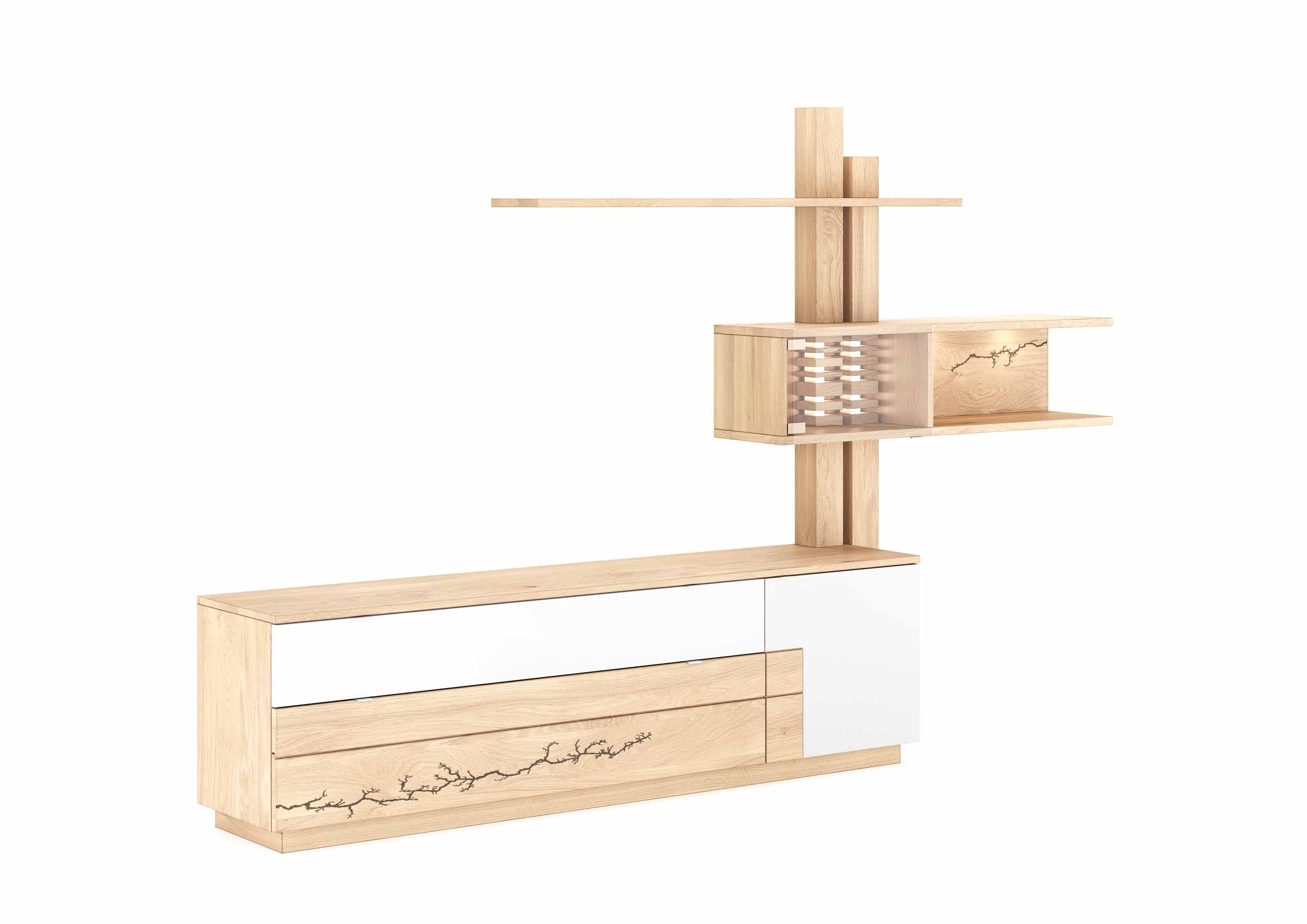 Wimmer Signatura | Wohnwand | 601125/601126 Holz-Wandregal mit weißen Elementen und dekorativem Muster