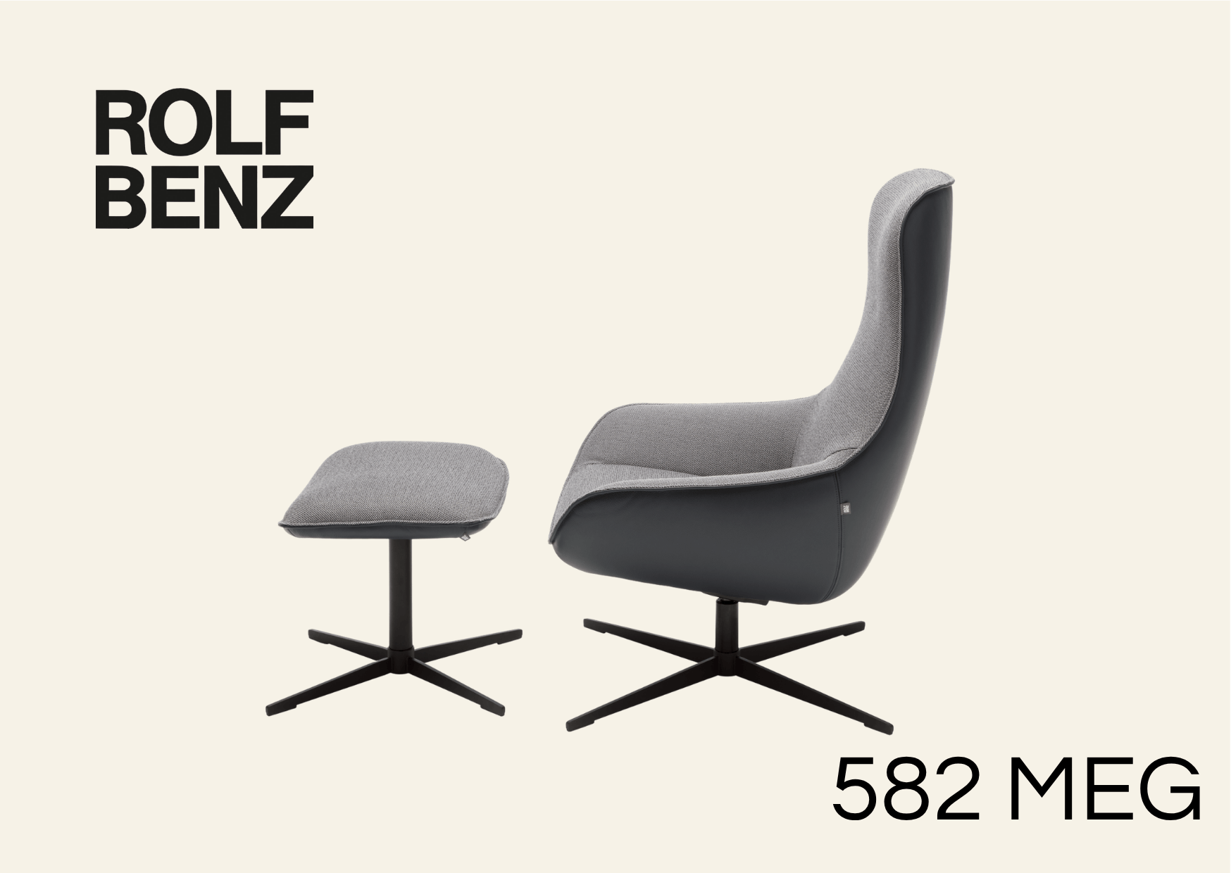 Hochlehnsessel mit schwarzer Schale und hellgrauem Polster. Bildaufschrift: Rolf Benz 582 Meg.