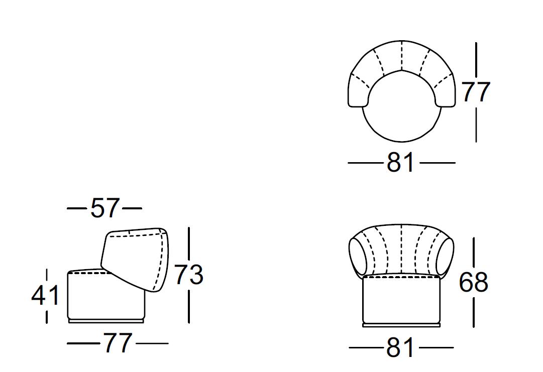 Drei Ansichten eines Sessels mit den Maßen: Höhe 68 cm, Breite 81 cm, Tiefe 77 cm und Sitzhöhe 41 cm.