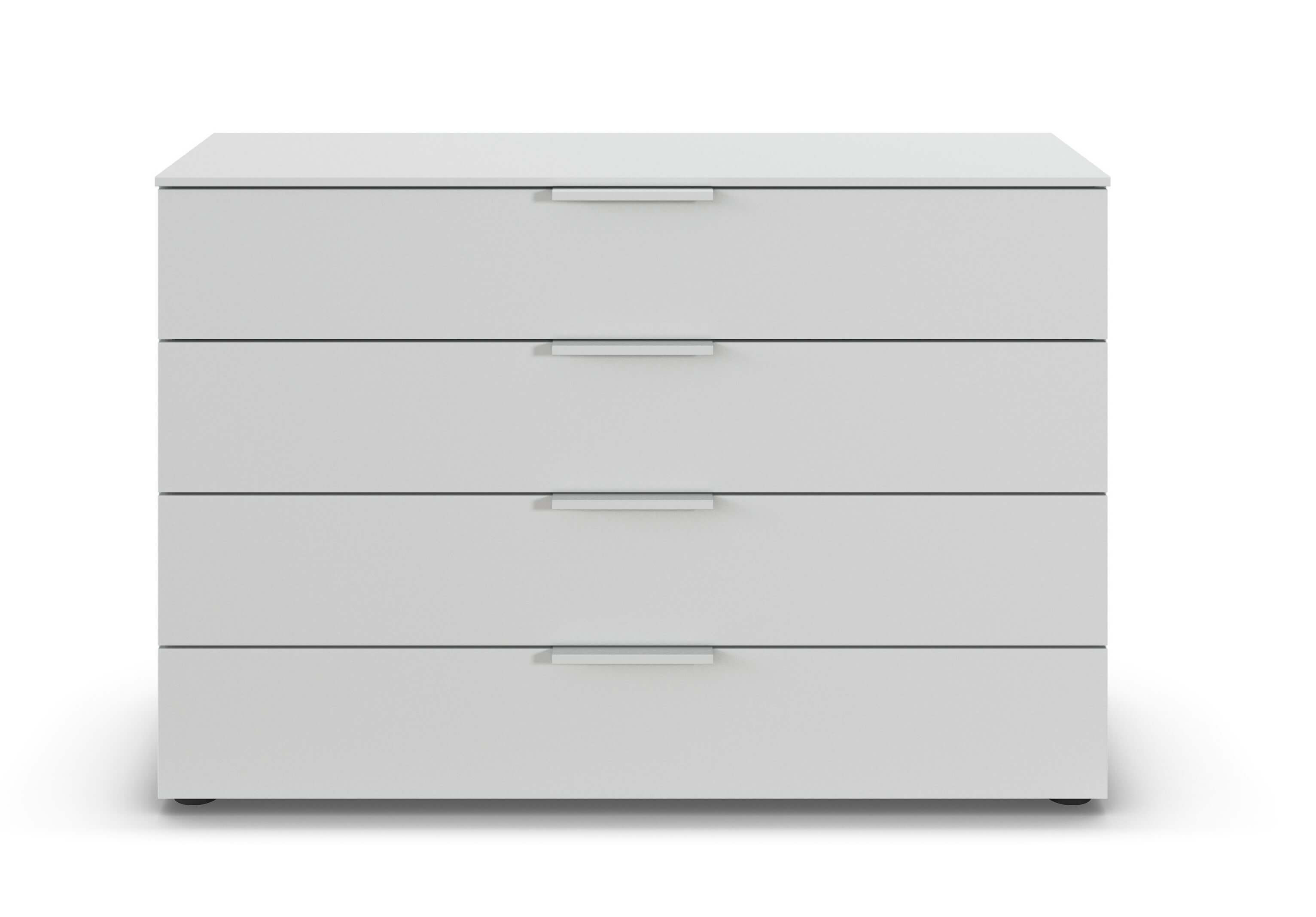 weiße Kommode mit vier Schubladen vor weißem Hintergrund